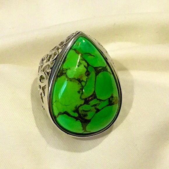 Green Turquoise Copper Infused Sterling Silver Open Work Ring Multiple Sizes - Picture 12 of 16